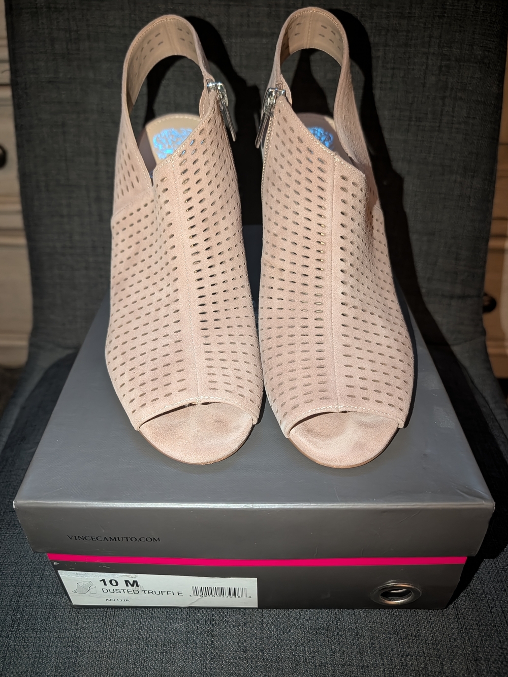 Vince Camuto Dusted Truffle Perforated Peep-Toe Slingback Heels